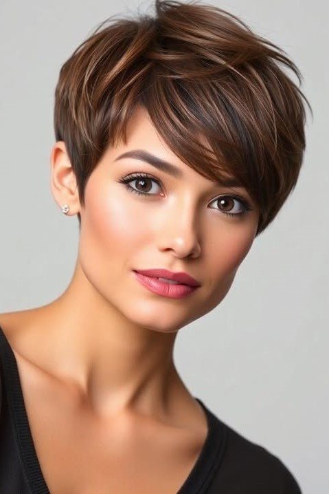 Rich Brown Pixie Cut with Subtle Highlights and Swept Bangs