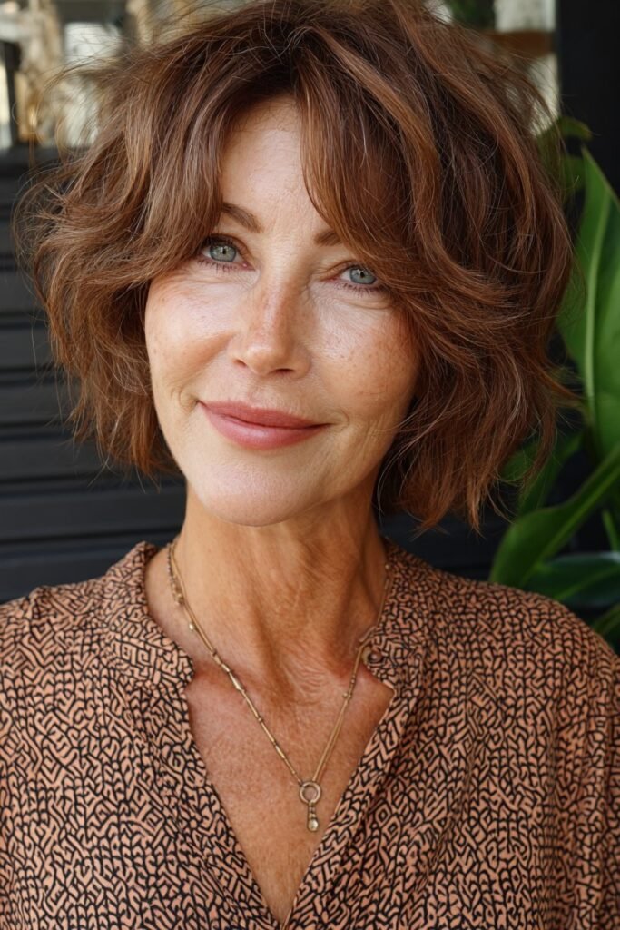 Rich Brown Wavy Bob with Curtain Bangs