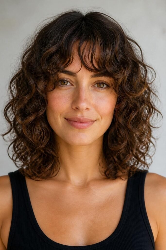 Rich Brunette Curly Bob with Soft Front Bangs