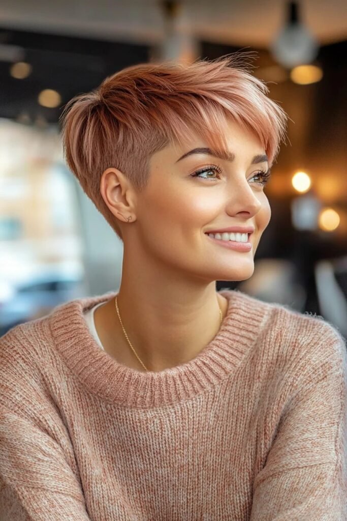 Rose Gold Textured Pixie Cut with Soft Side Bangs