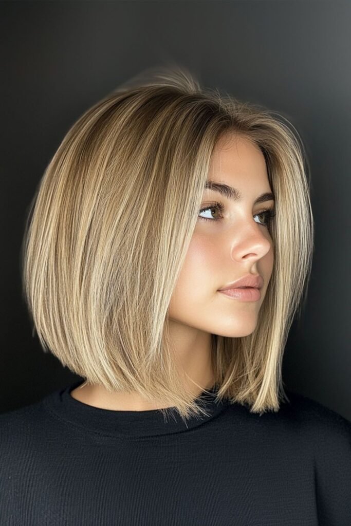 Rounded Blonde Bob with Soft Center-Parted Bangs