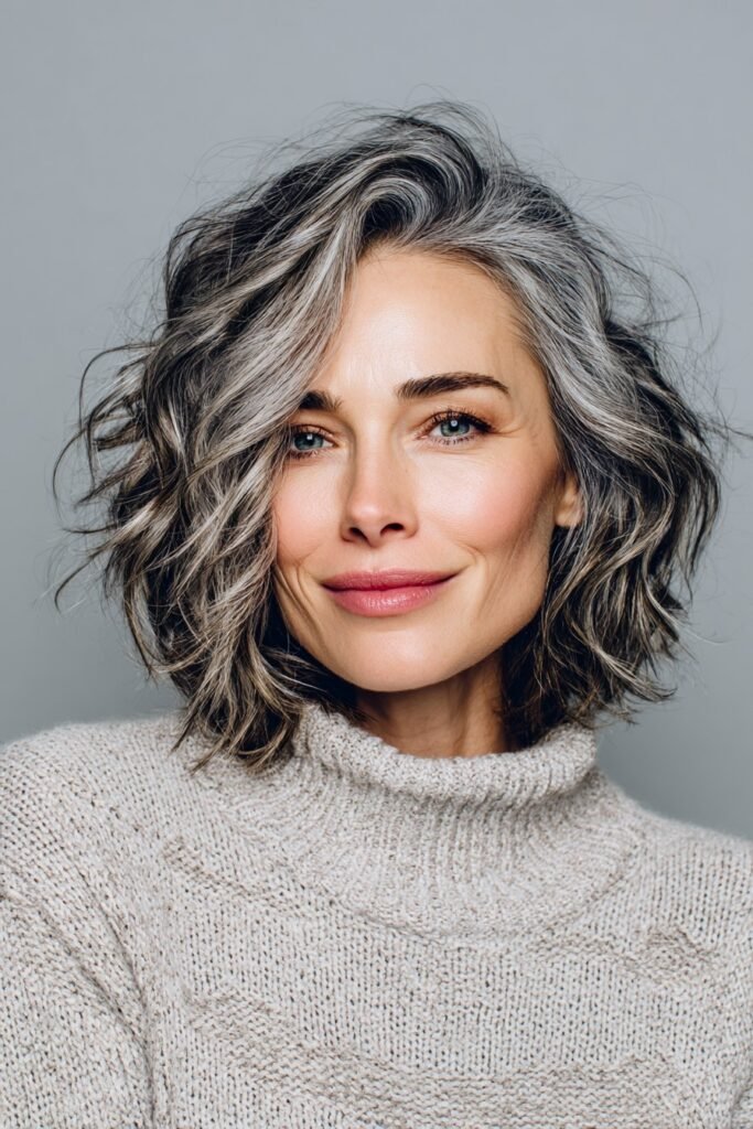 Salt and Pepper Textured Bob with Side-Swept Layers