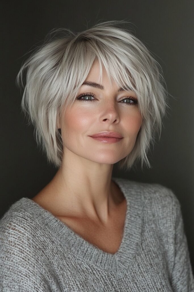 Shaggy Ash Blonde Bob with Side-Swept Bangs