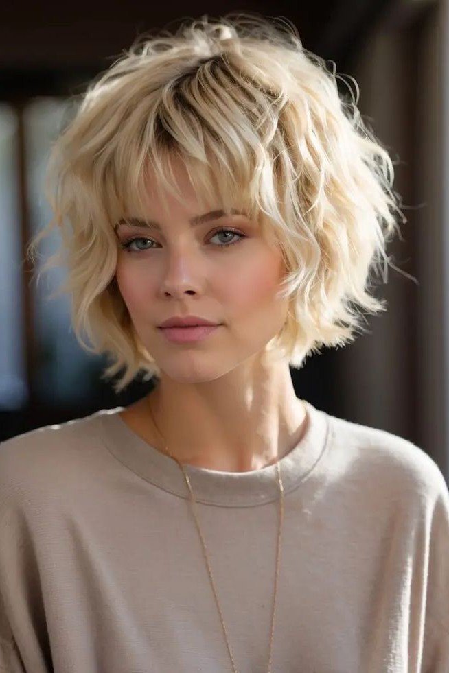 Shaggy Blonde Bob with Choppy Bangs