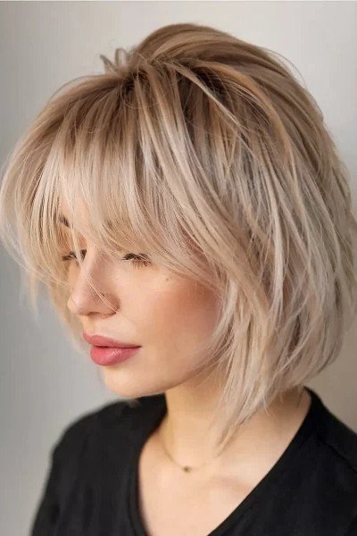 Shaggy Blonde Bob with Textured Bangs