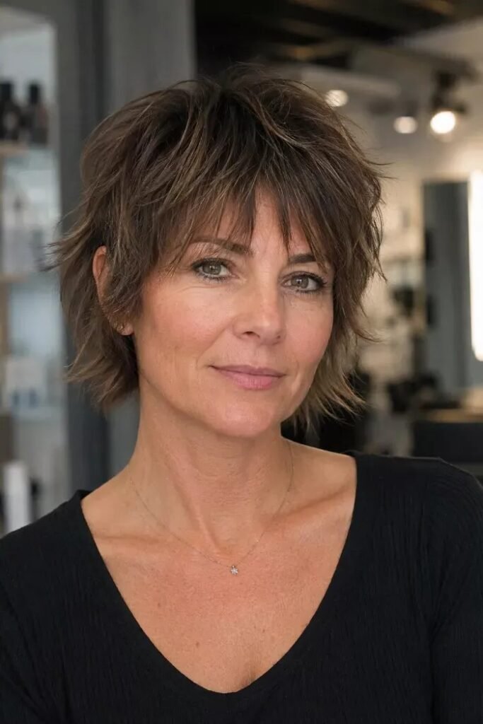 Shaggy Brown Shag with Side-Swept Bangs