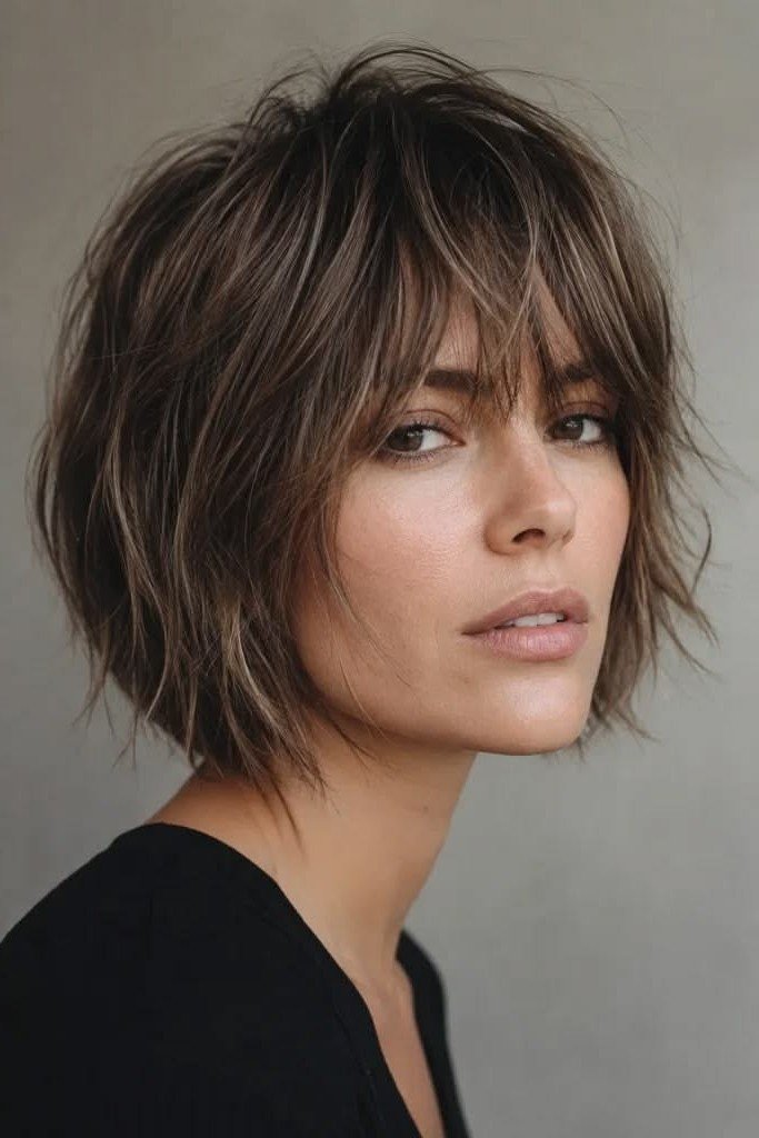 Shaggy Brunette Bob with Piecey Bangs