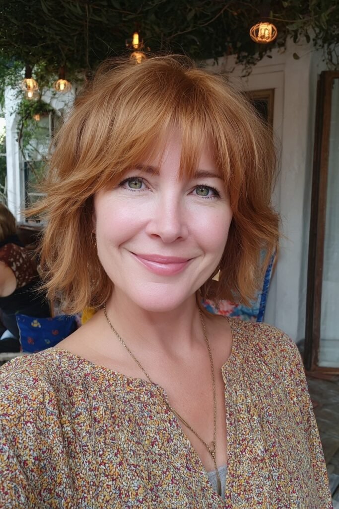 Shaggy Copper Bob with Curtain Bangs