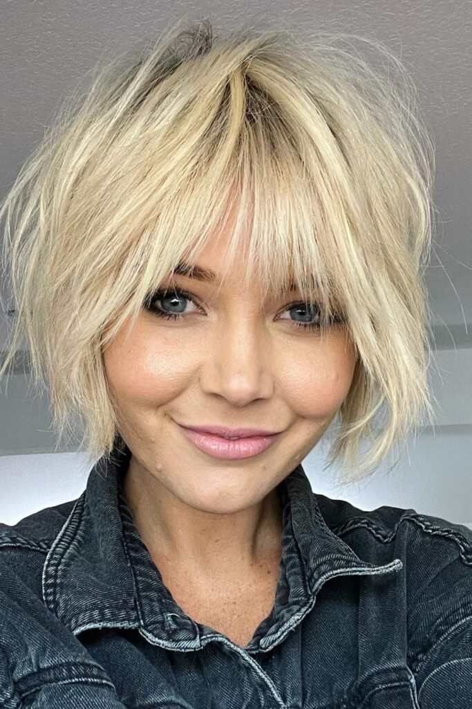 Shaggy Platinum Blonde Bob with Wispy Bangs