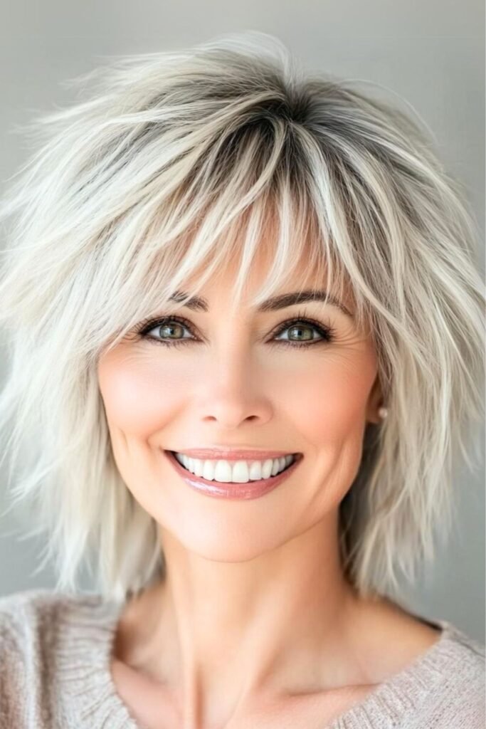 Shaggy Platinum Bob with Side-Swept Bangs