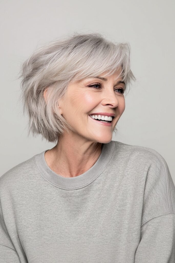 Shaggy Platinum Bob with Sweeping Bangs