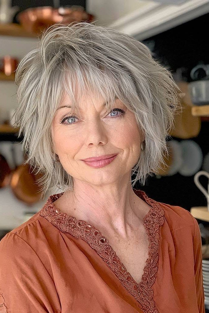 Shaggy Platinum Grey Bob with Volume and Bangs