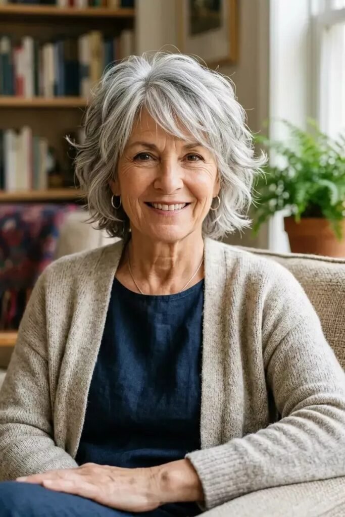 Shaggy Silver Bob with Soft Curtain Bangs