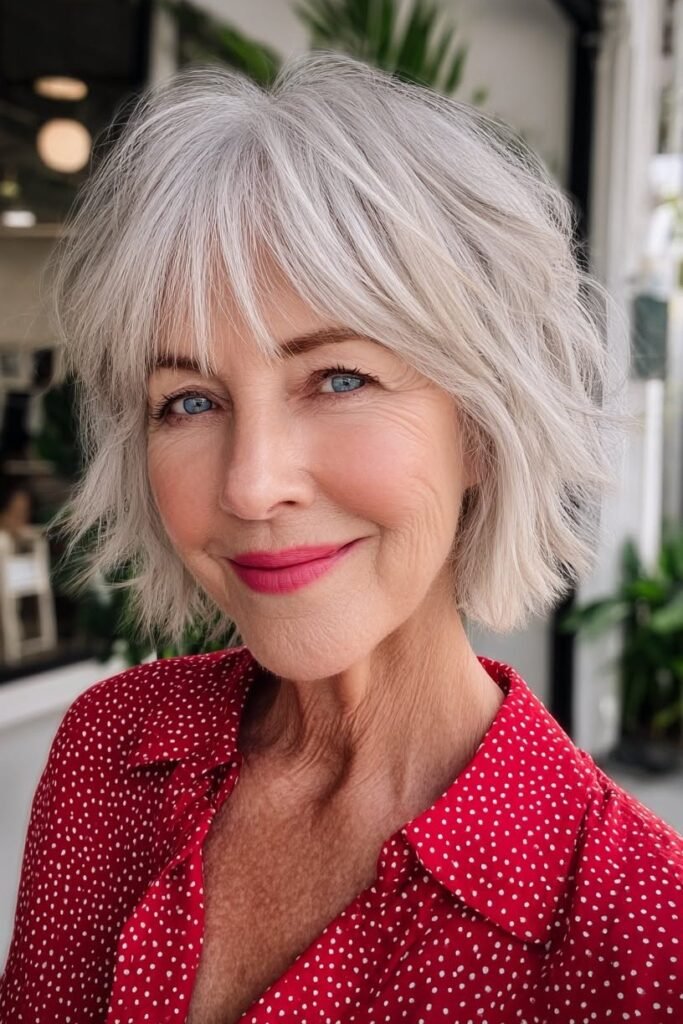 Shaggy Silver Bob with Textured Bangs