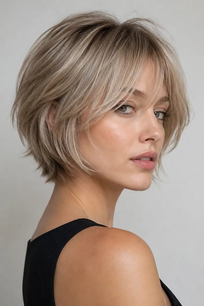 Shaggy Textured Blonde Bob with Wispy Fringe