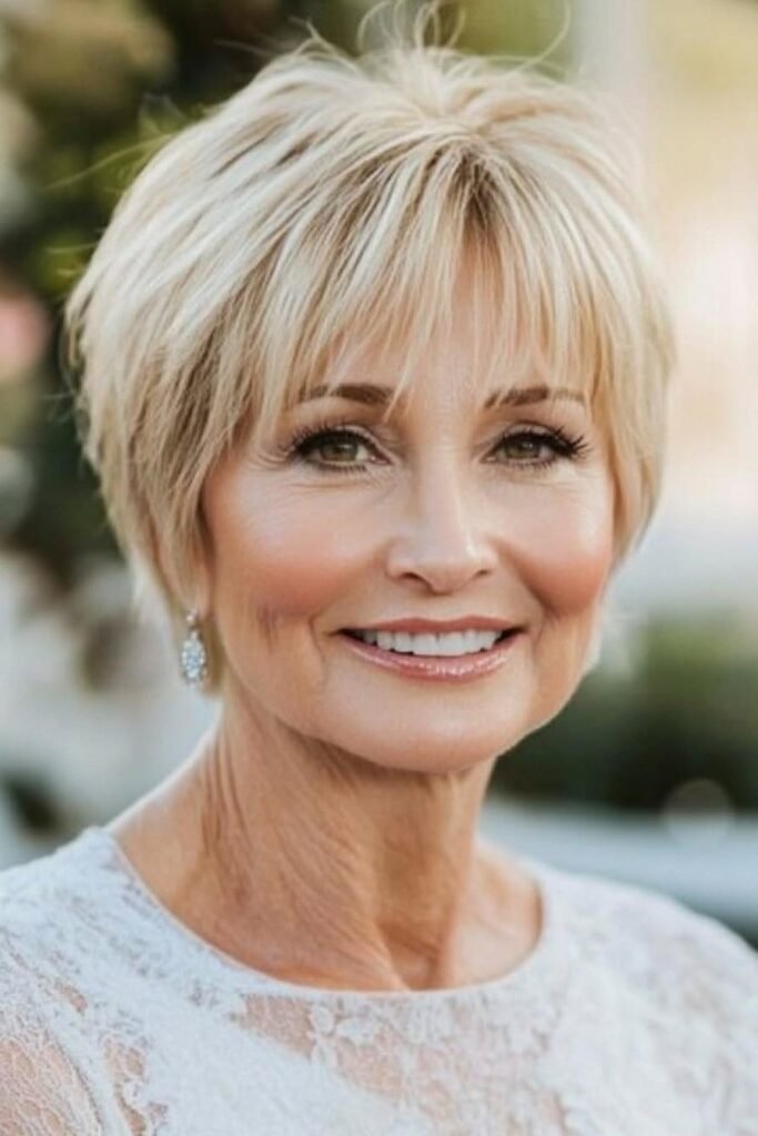 Short Blonde Crop with Soft Forward Bangs
