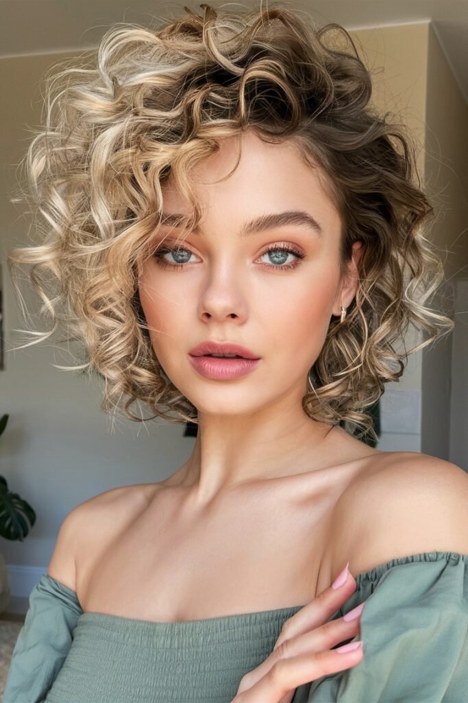 Short Blonde Curly Bob with Side Swept Volume
