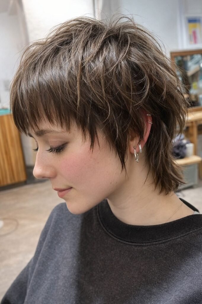 Short Brown Shaggy Pixie Mullet with Textured Bangs