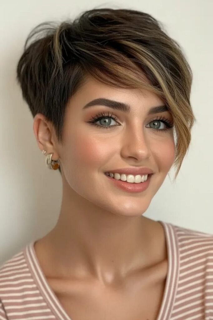 Short Brunette Pixie Cut with Blonde Highlights