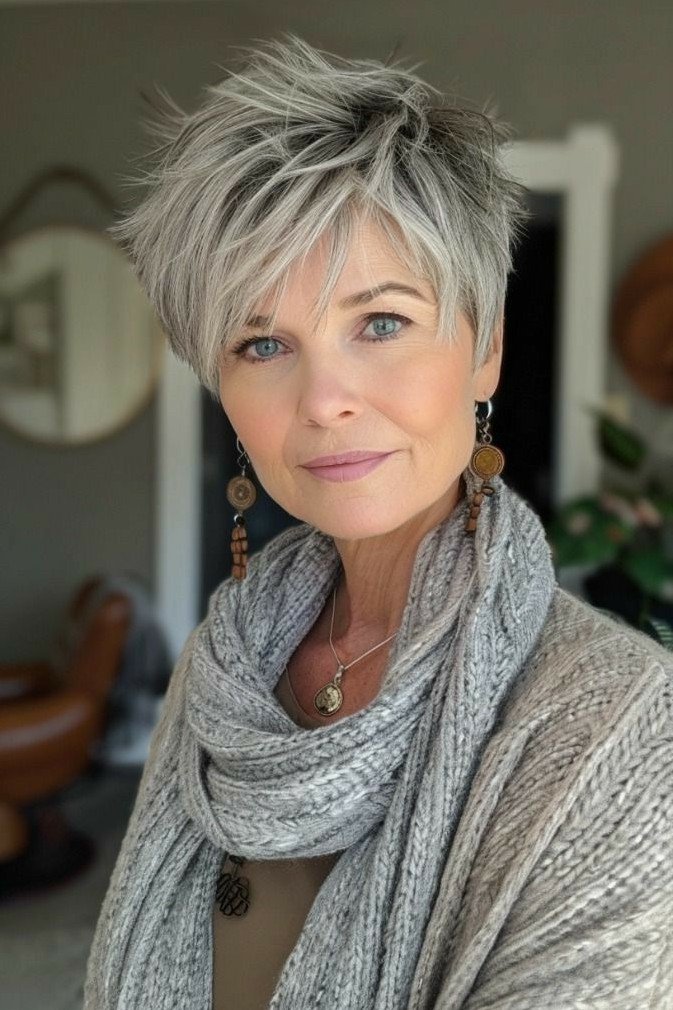 Short Choppy Silver Pixie with Soft Bangs