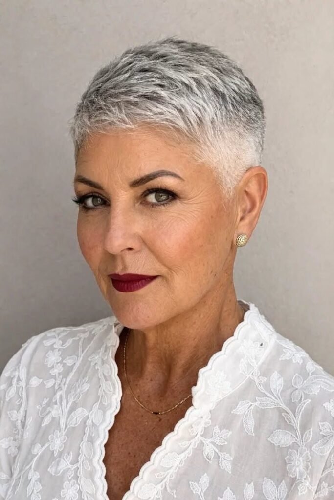 Short Cropped Silver Pixie with Smooth Tapered Sides