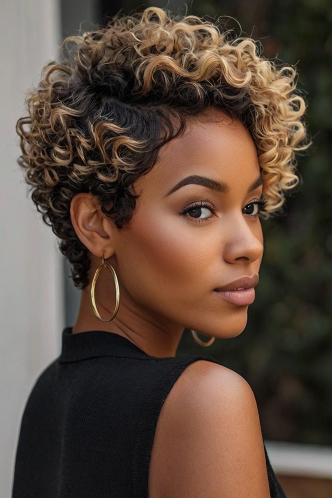 Short Curly Pixie with Blonde Balayage Highlights