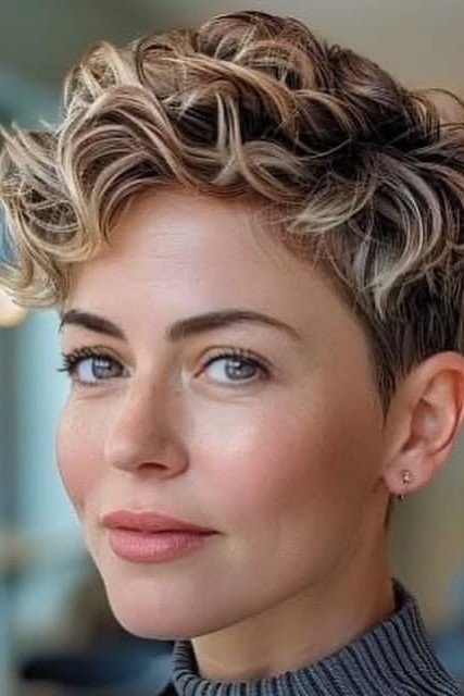 Short Curly Pixie with Blonde Highlights