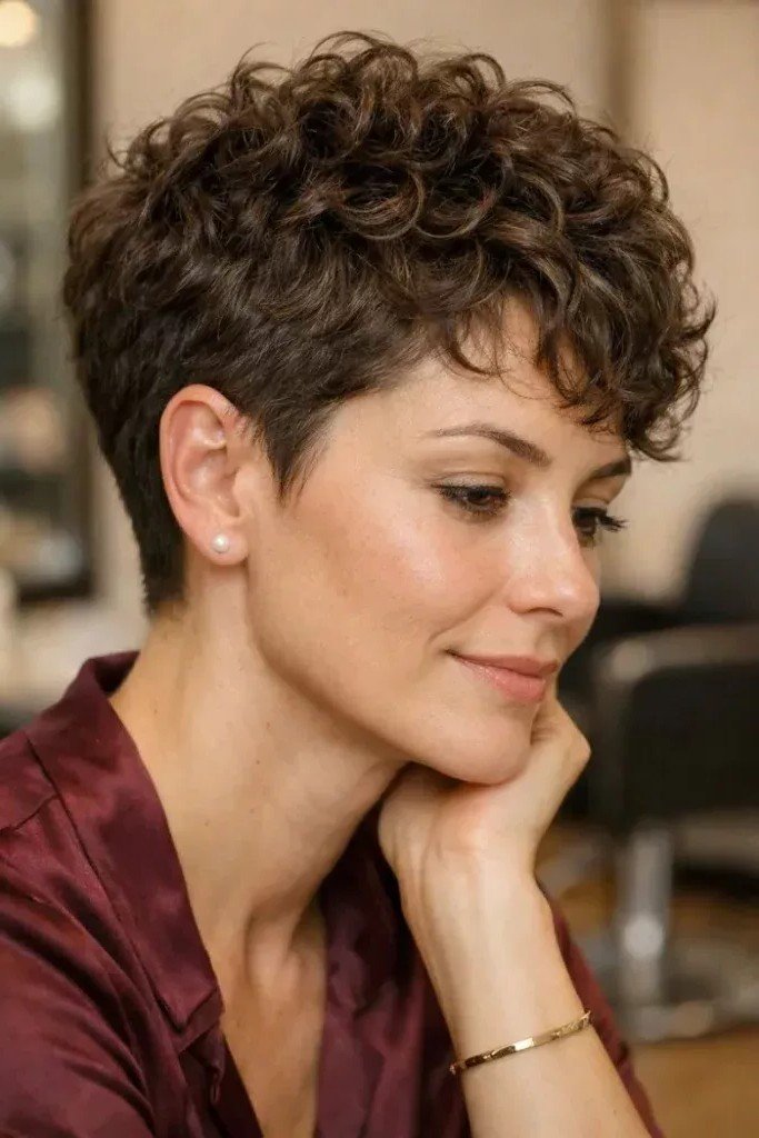 Short Curly Pixie with Tapered Sides