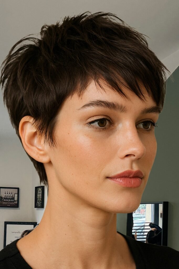 Short Dark Brown Pixie Cut with Layered Crown