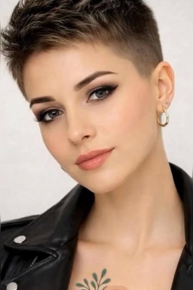 Short Dark Brown Pixie Cut with Tapered Sides