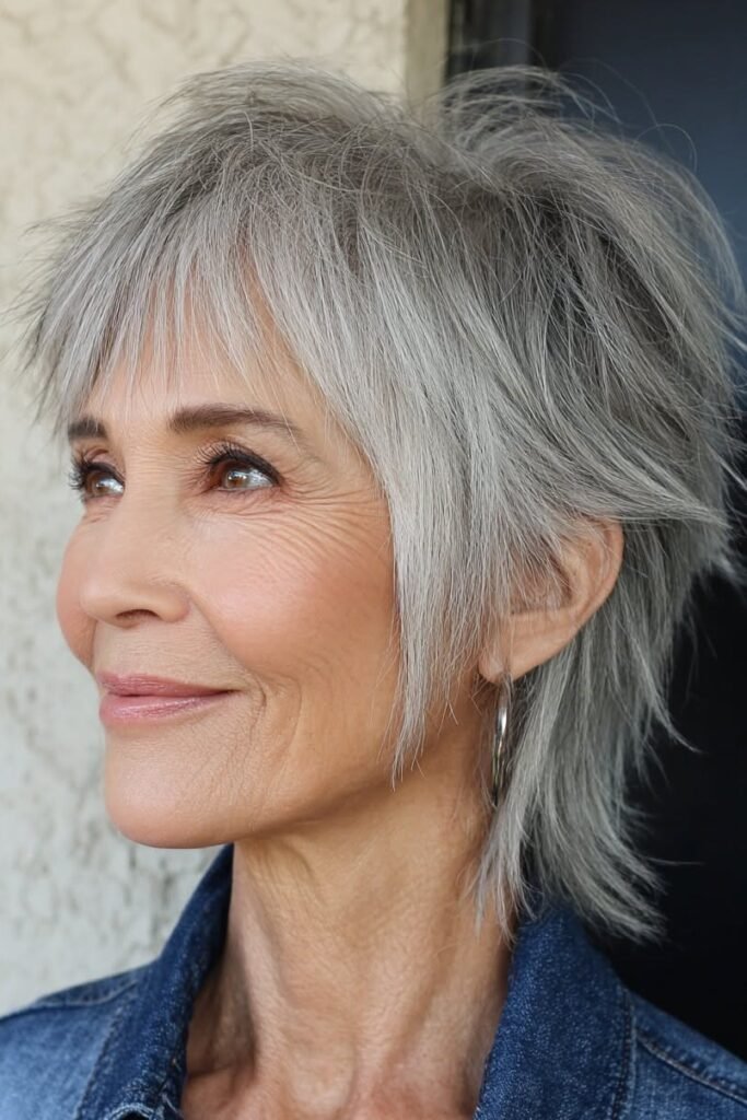 Short Edgy Silver Pixie Cut with Choppy Wispy Bangs
