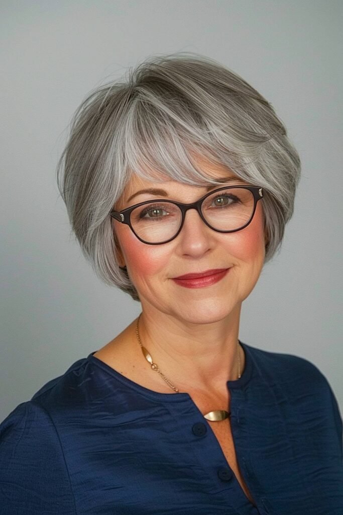 Short Layered Silver Bob with Side-Swept Bangs