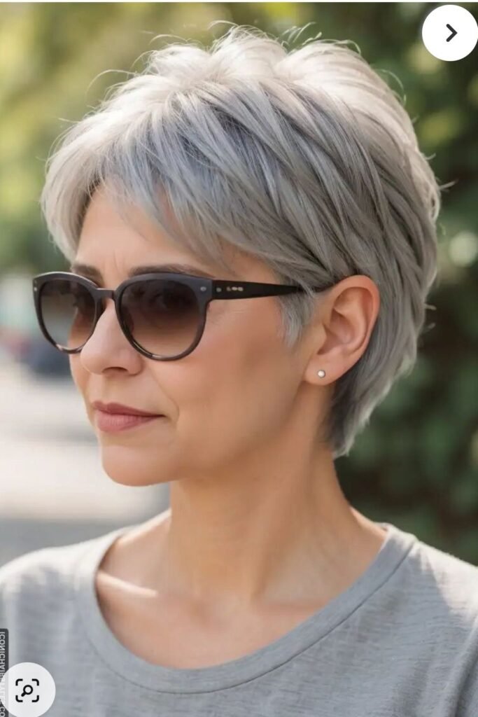 Short Layered Silver Pixie with Glasses