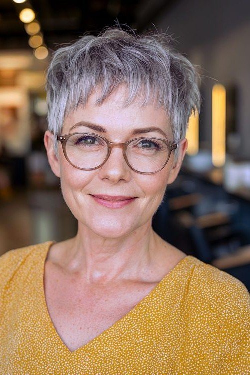 Short Layered Silver Pixie with Soft Bangs