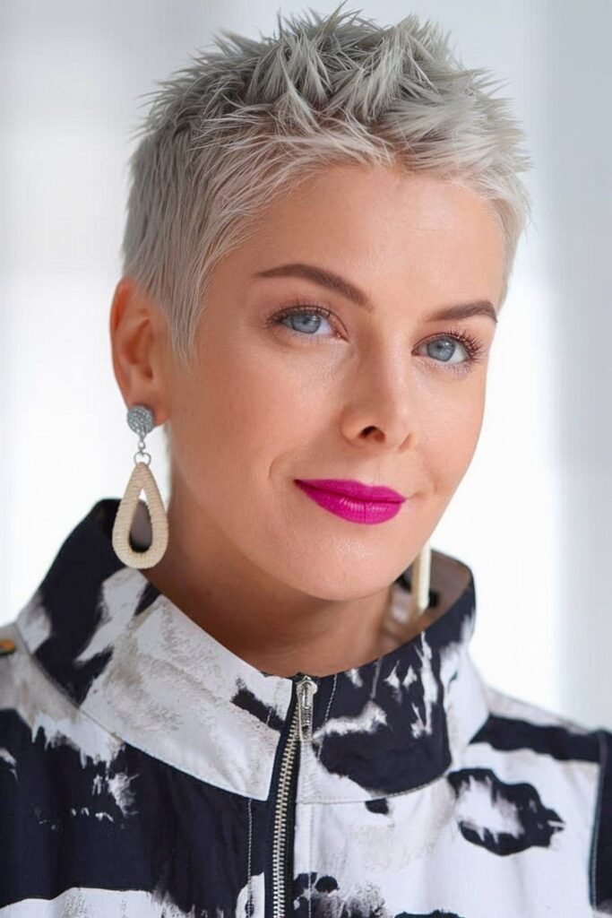 Short Platinum Blonde Spiky Pixie Cut with Textured Crown