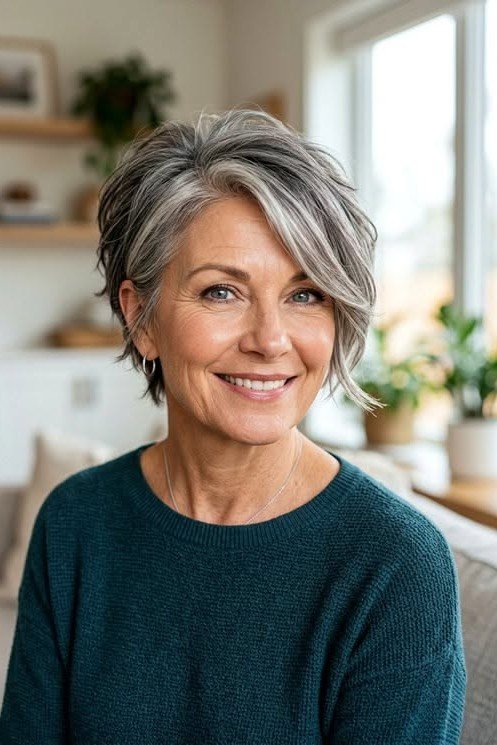 Short Salt-and-Pepper Pixie Bob with Side-Swept Bangs