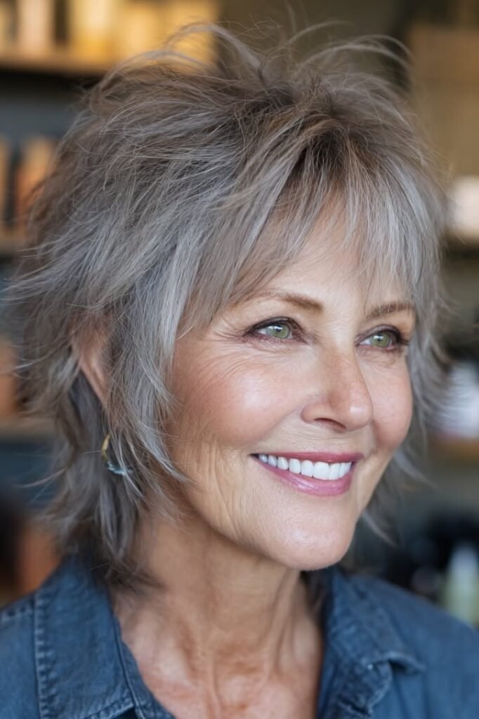 Short Shaggy Bob with Silver Layers