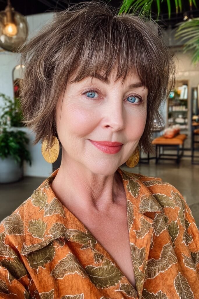 Short Shaggy Brunette Bob with Wispy Bangs