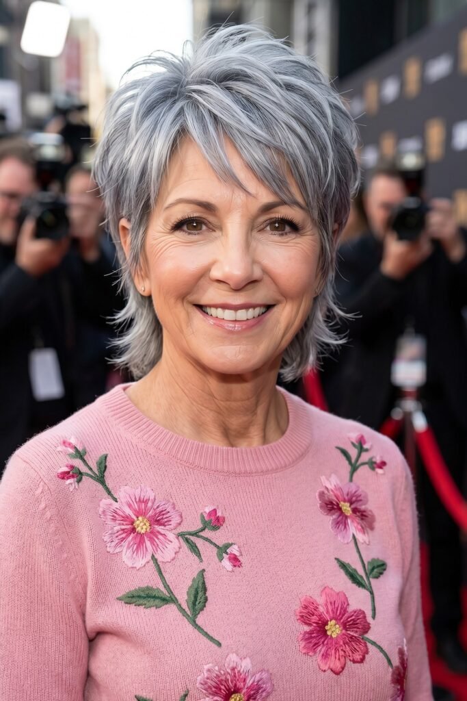 Short Silver Shag with Spiky Crown and Side-Swept Bangs