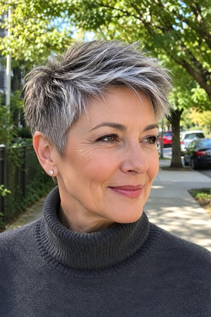 Short Spiky Pixie with Silver-Grey Highlights