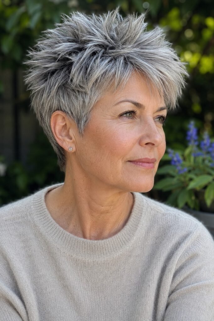 Short Spiky Silver Pixie with Soft Crown Volume