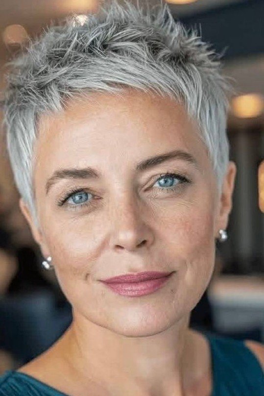 Short Textured Crop with Micro Bangs and Silver Hue