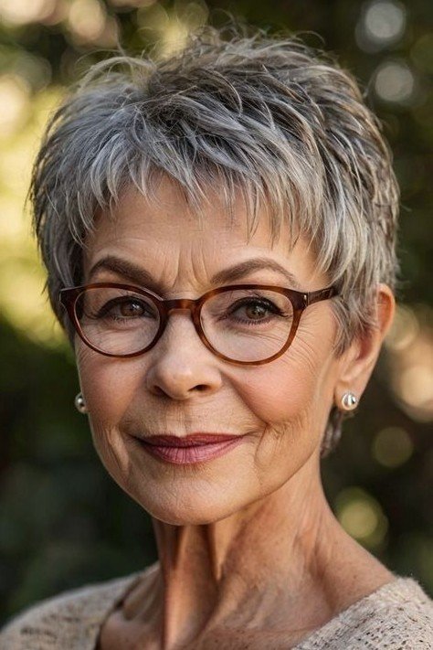 Short Textured Silver Pixie with Glasses