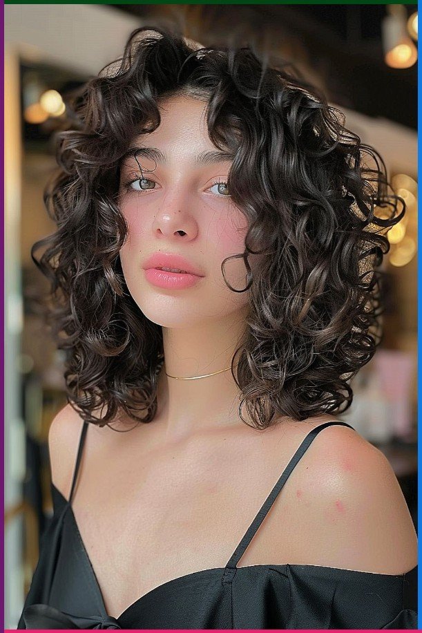 Shoulder-Length Curly Bob with Side-Swept Bangs