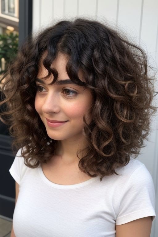 Shoulder-Length Curly Cut with Soft Center Bangs