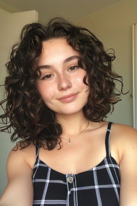 Shoulder-Length Curly Shag with Center-Parted Bangs