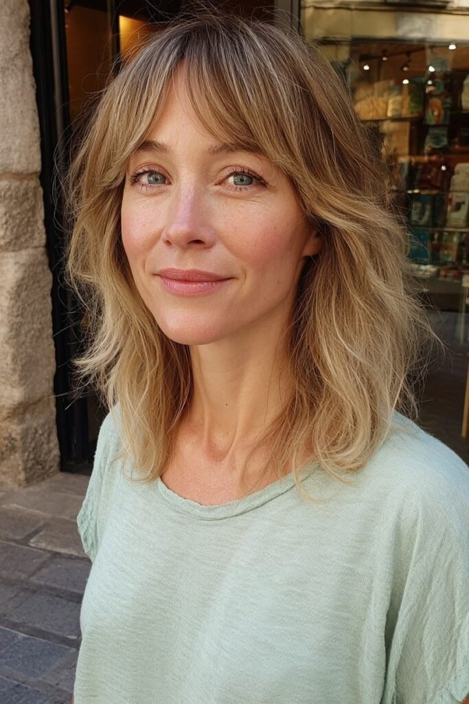Shoulder-Length Hair with Textured Layered Bangs