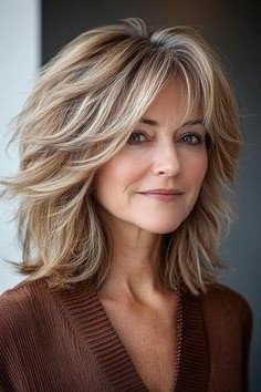 Shoulder-Length Layered Shag with Blonde Highlights and Curtain Bangs