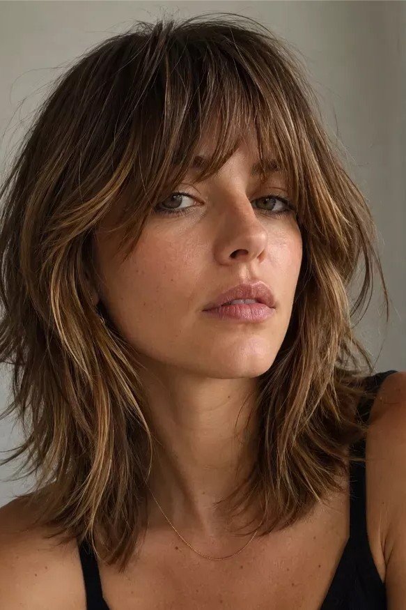 Shoulder-Length Layered Shag with Curtain Bangs