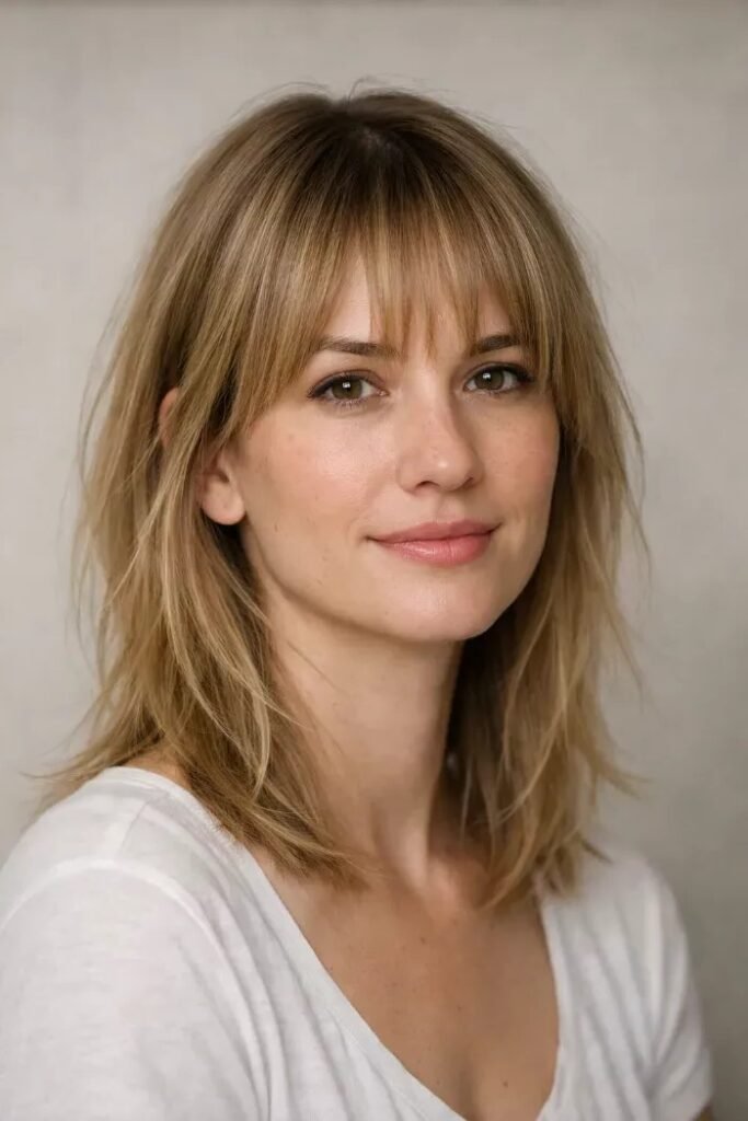 Shoulder-Length Shag with Straight-Cut Bangs